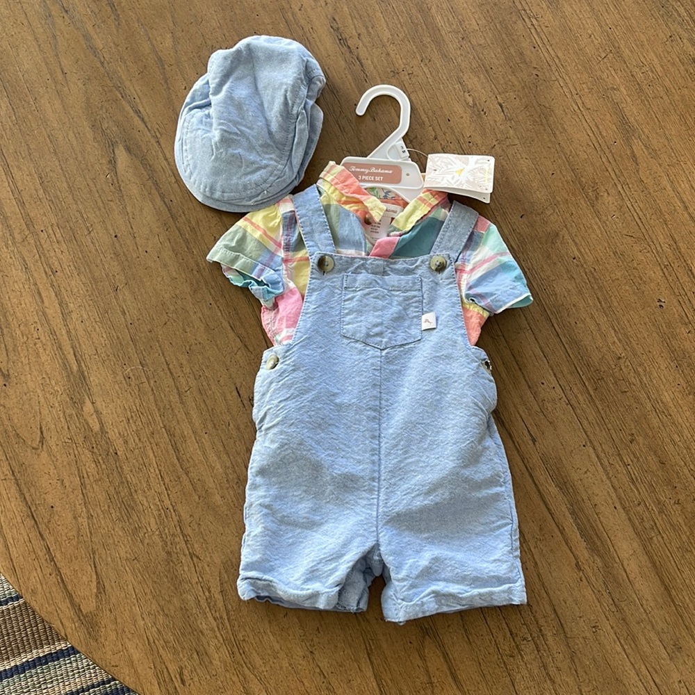 3 piece gingham and chambray short overall set